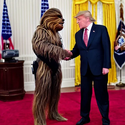 Image similar to high quality photo of chewbacca meeting the president of the united states of america , realism, 8k, award winning photo