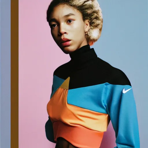 Image similar to realistic photoshooting for a new nike lookbook, color film photography, photo of a woman, photo in style of tyler mitchell, shusei nagaoka, steven meisel, petra collins, 3 5 mm