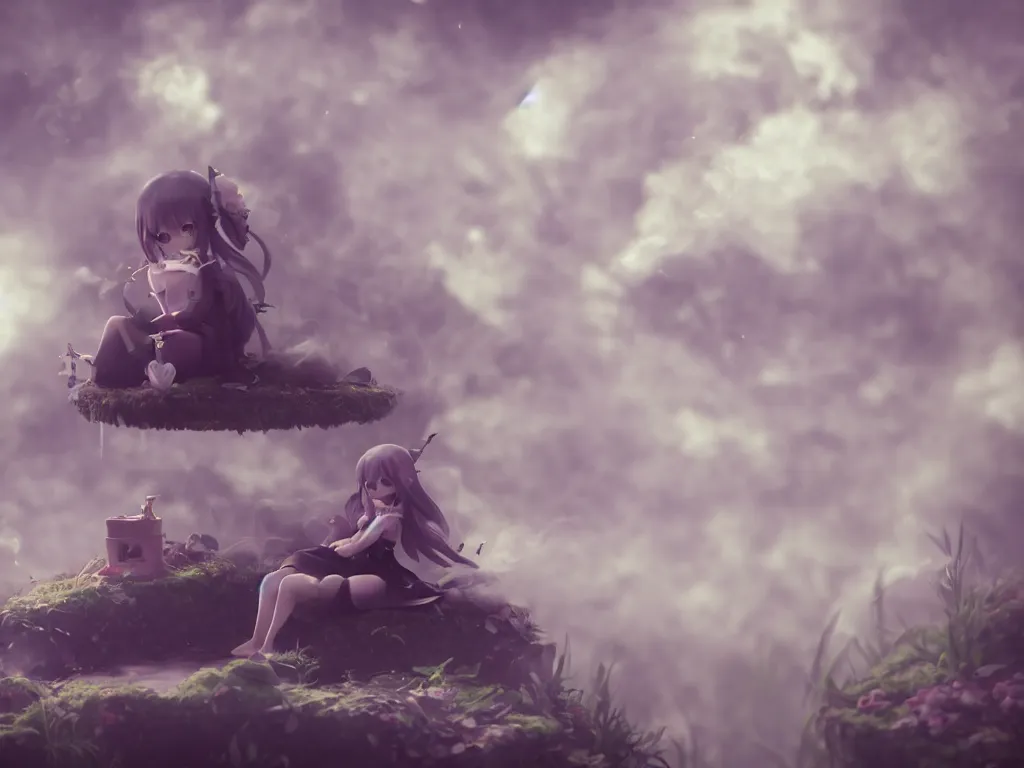 Image similar to cute fumo plush gothic maiden girl sitting on a floating island, isometric projection, wisps of smoke and volumetric fog, vignette, vray