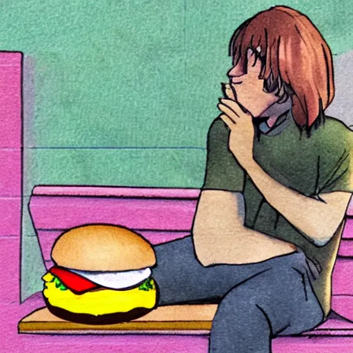 Prompt: Kirby depressed sitting on a bench eating a hamburger