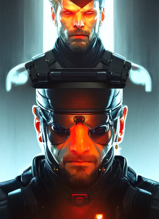 Image similar to symmetry!! portrait of solid snake, metal gear solid, tech wear, glowing lights!! intricate, elegant, highly detailed, digital painting, artstation, concept art, smooth, sharp focus, illustration, art by artgerm and greg rutkowski and alphonse mucha