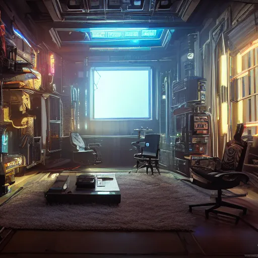 Image similar to A photograph of a cyberpunk mansion set in a cyberpunk utopia. Highly detailed, 8k wallpaper, HDR, concept art, unreal engine 5, 4k, 8k, ray tracing, bloom, lens flare