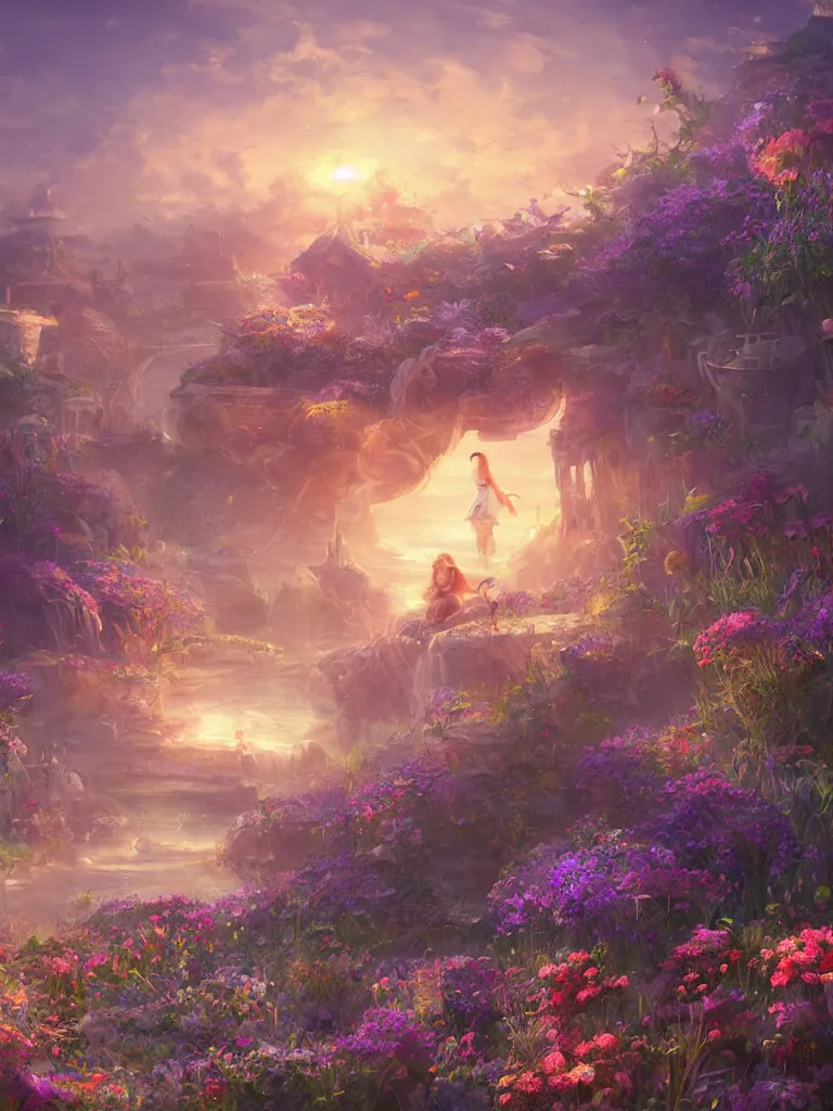 Prompt: a dream flower garden near a seaside harbor environment where one draws mystical energy into their lives, background art, pristine concept art, small, medium and large design elements, golden hour, in the style of WLOP and Ross Tran