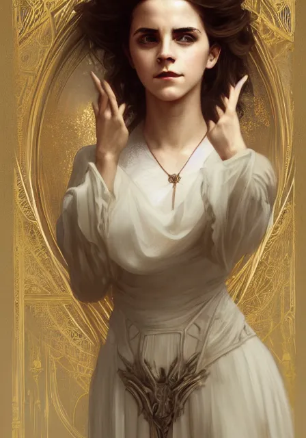 Image similar to emma watson hermione magic gothic, intricate, elegant, highly detailed, digital painting, artstation, concept art, smooth, sharp focus, illustration, art by artgerm and greg rutkowski and alphonse mucha and william - adolphe bouguereau