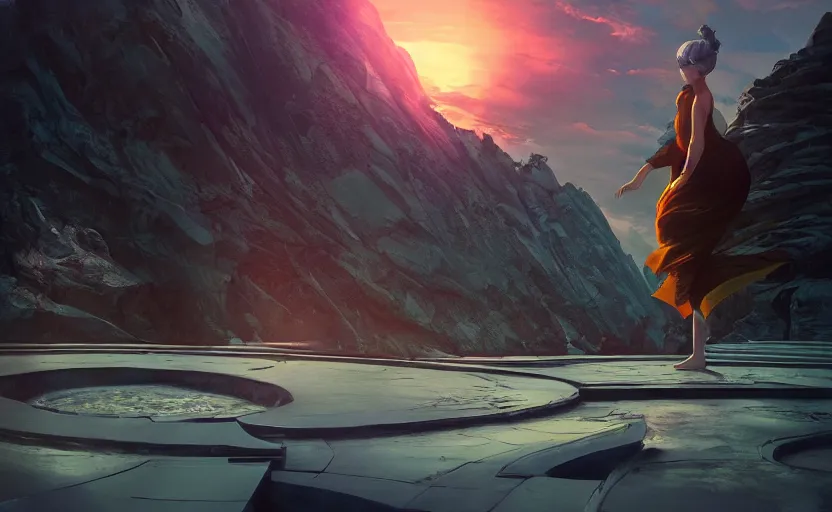 Image similar to Himalayan in a futuristic temple, beautiful flowing fabric, sunset, dramatic angle, dynamic pose, 8k hdr pixiv dslr photo by Makoto Shinkai ilya kuvshinov and Wojtek Fus