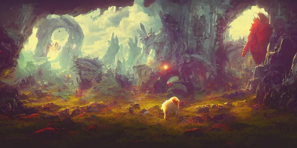 Image similar to all of our pets go to heaven, colorful, contrast, 3 d scene, greg rutkowski, zabrocki, karlkka, jayison devadas, trending on artstation, 8 k, ultra wide angle, zenith view, pincushion lens effect