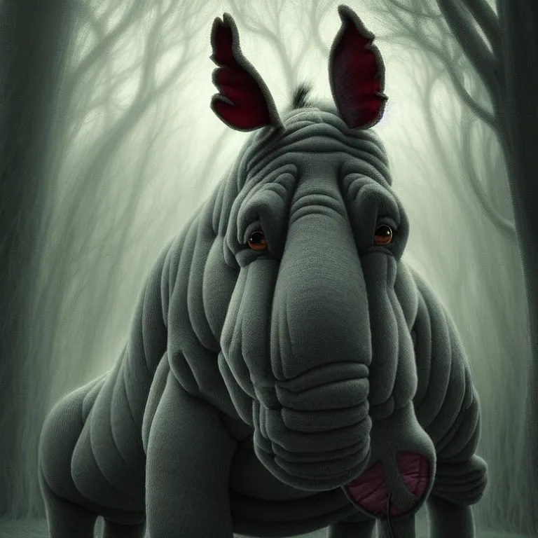 Image similar to epic professional digital art of hungry eeyore, ambient lighting, painted, intricate, detailed, foreboding, by leesha hannigan, wayne haag, reyna rochin, ignacio fernandez rios, mark ryden, iris van herpen,, epic, stunning, gorgeous, much wow, cinematic, masterpiece.