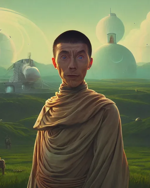 Image similar to highly detailed surreal vfx portrait of a futuristic monk in a rural farm with planets in background, stephen bliss, unreal engine, greg rutkowski, loish, rhads, beeple, makoto shinkai and lois van baarle, ilya kuvshinov, rossdraws, tom bagshaw, alphonse mucha, global illumination, detailed and intricate environment