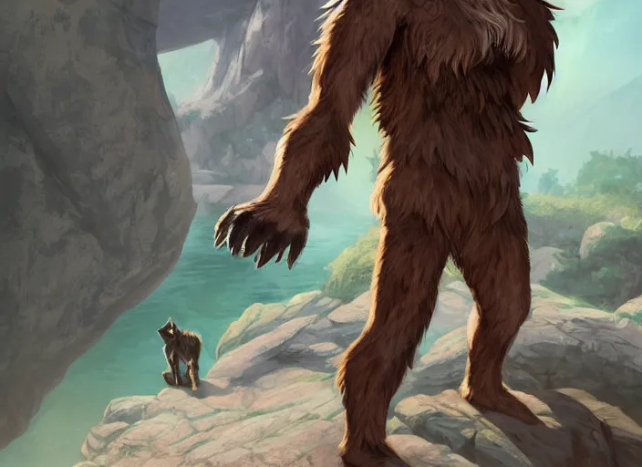 Image similar to character portrait feature of the anthro male anthropomorphic wolf fursona animal person wearing tribal primitive caveman outfit belt standing in the entrance to the cave, well framed character design stylized by charlie bowater, ross tran, artgerm, makoto shinkai, detailed, soft lighting, rendered in octane