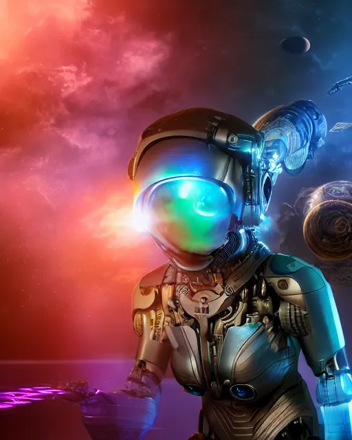 Image similar to A female cyborg extraterrestrial warrior with beaming nebulous eyes writing on a three-dimensional computer hologram, inside her spacecrft as backdrop, insanely detailed, digital art