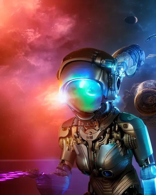 Prompt: A female cyborg extraterrestrial warrior with beaming nebulous eyes writing on a three-dimensional computer hologram, inside her spacecrft as backdrop, insanely detailed, digital art