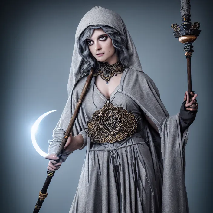 Image similar to professional photograph of a real - life beautiful elemental moon witch with ornate grey robes and staff. extremely detailed. 8 k