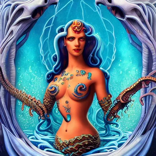 Prompt: underwater naga lovecraft lovecraftian portrait with sea creatures, Pixar style, by Tristan Eaton Stanley Artgerm and Tom Bagshaw.