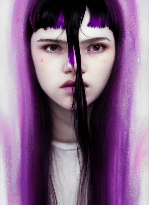 Image similar to portrait of teenage girl, red irises, bangs, black and white hair, white bangs, purple clothes, white bangs, two color hair, black hair and white bangs, intricate, elegant, glowing lights, highly detailed, digital painting, artstation, concept art, smooth, sharp focus, illustration, art by wlop, mars ravelo and greg rutkowski