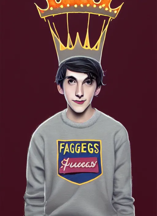 Image similar to portrait of teenage jughead jones wearing a light grey crown, photorealistic, crown, sweater with letter s on it, hamburger, eyes closed, crown, black hair, intricate, elegant, glowing lights, highly detailed, digital painting, artstation, concept art, smooth, sharp focus, illustration, art by wlop, mars ravelo and greg rutkowski