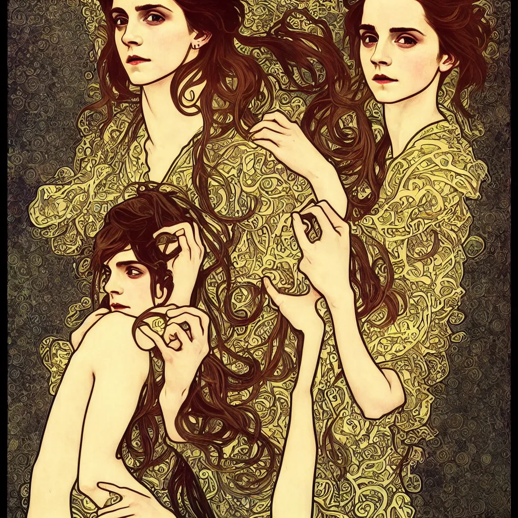 Prompt: Emma Watson from The Blinding Ring (2013) made with a combination of the art styles of Alphonse Mucha and Gustav Klimt. Masterpiece.