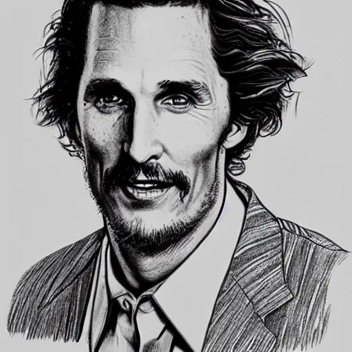 Image similar to a portrait drawing of Mathew McConaughey drawn by Robert Crumb