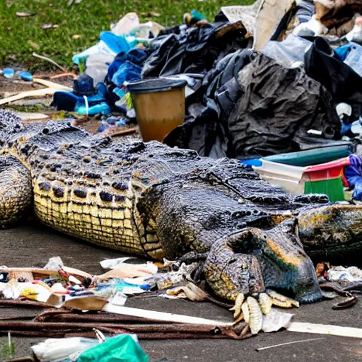 Prompt: one large alligator on a leash sleeping next to a very large mound of trash, papers, junk, and metal parts