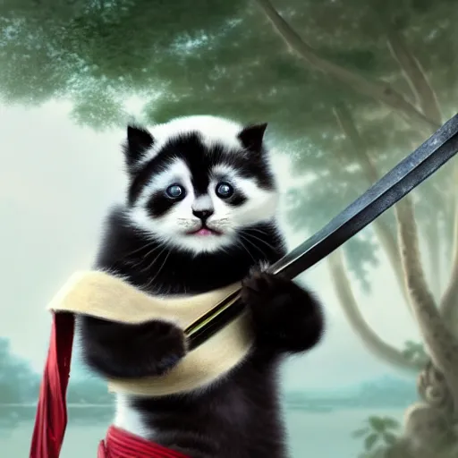 Prompt: cute kitten with panda body and cat face, in a kimono, holds a sword, artwork by greg rutkowski, highly detailed, matte painting 4 k