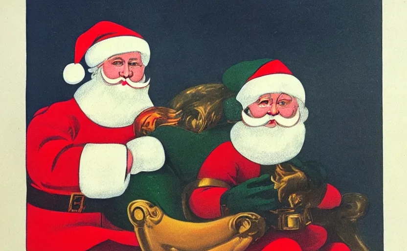 Prompt: color art deco lithograph of santa clause by adolphe millot