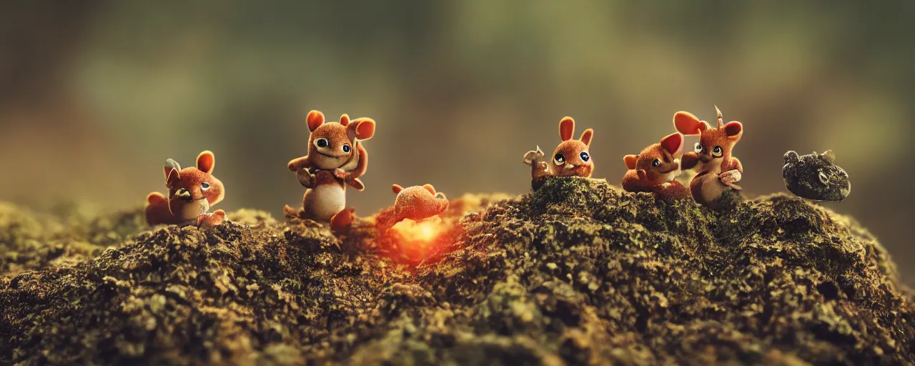 Prompt: tiny cute forest creatures seeking shelter by bobby chiu, at sunset, macro photography, goro fujita, cute, adorable, cinematic, happy, detailed, 8 k