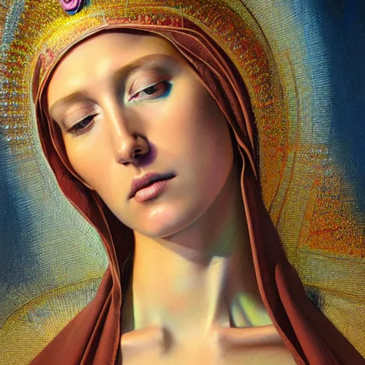 Image similar to hyperrealistic mixed media painting of beautiful Virgin Mary, stunning 3d render inspired art by P. Craig Russell and Barry Windsor-Smith, perfect facial symmetry, dim volumetric lighting, full full full full face face face face face 8k octane beautifully detailed render, headpiece headpiece headpiece, post-processing, portrait, extremely hyper-detailed, intricate, epic composition, brown brown brown eyes eyes eyes eyes, realistic realistic realistic eyes, cinematic lighting, masterpiece, trending on artstation, detailed detailed detailed, masterpiece, stunning