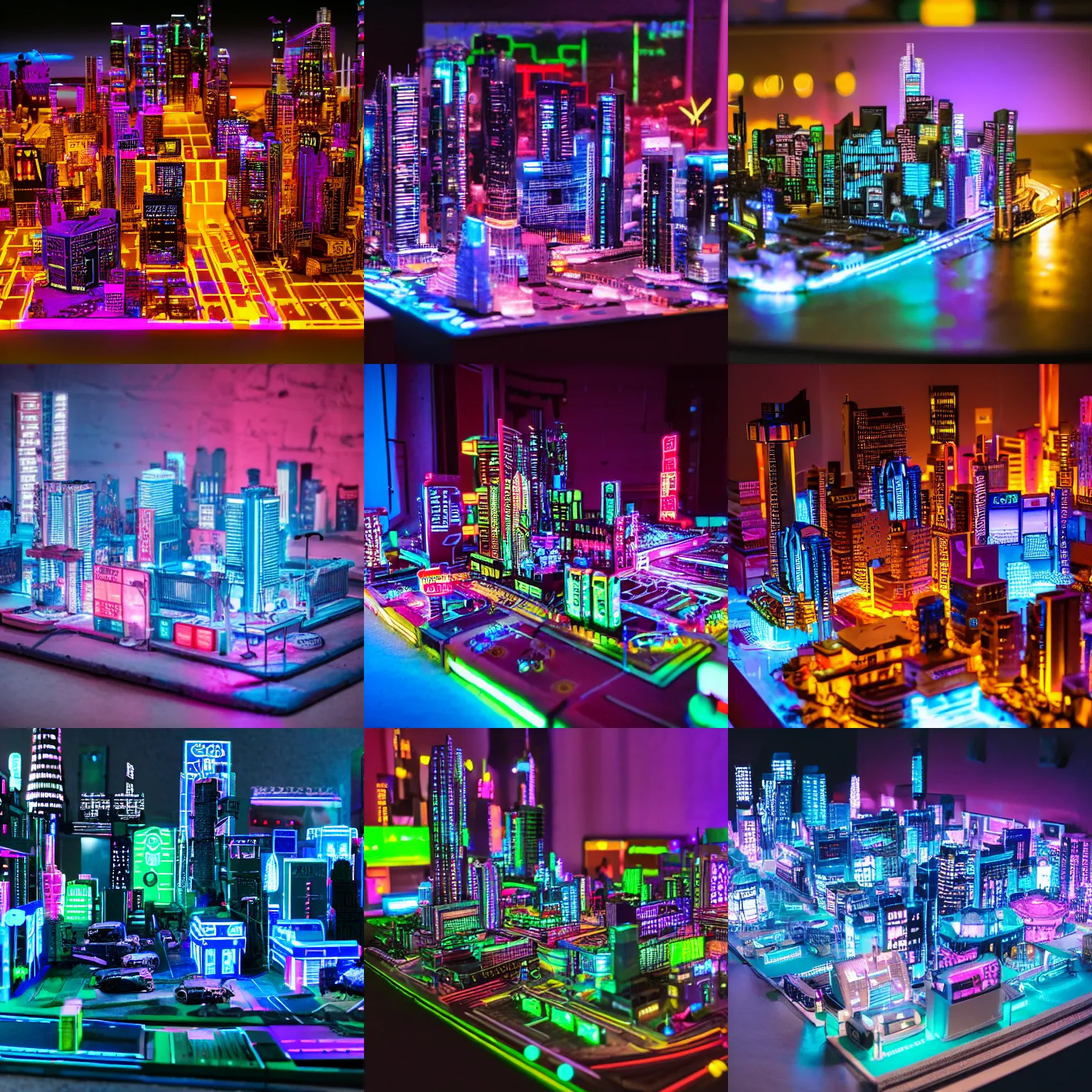 Prompt: miniature model of a cyberpunk city with neon lights