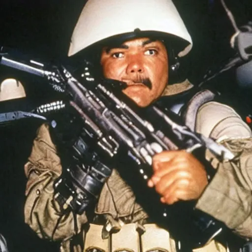 Image similar to George Lopez dressed as a Colonial Marine from Aliens (1986).