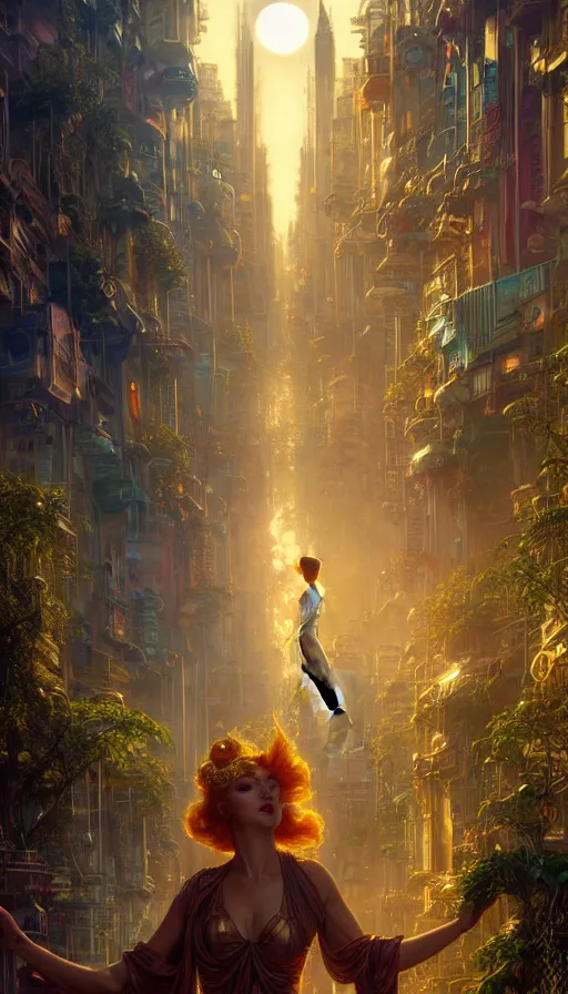 Image similar to golden goddess looking at a hyper realistic cyberpunk city, crowded market street overtaken by lush plants, kittens, full moon, light rays, gnarly trees by tom bagshaw, mucha, gaston bussiere, craig mullins, j. c. leyendecker 8 k