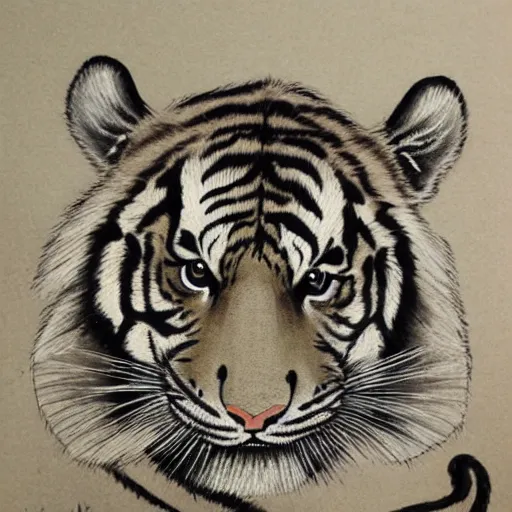 Image similar to tiger head, inkwash painting, highly detailed, traditional japanese art,