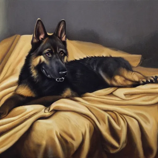 Image similar to a oil painting of a humanoid german shepherd beast - man, wearing military outfit, lying on a humble unmade bed wrinkled bed sheets