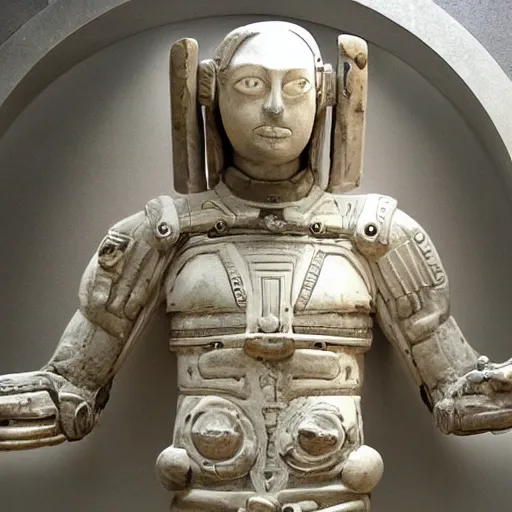 Image similar to futuristic ancient astronaut arrived through a portal, welcoming the humanity, ancient statue in museum