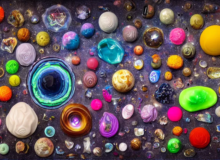 Prompt: product - view of diorama of the shape of the universe, occult cosmology, occult abiogenesis, hyper - detailed, crystals, plastic, rubber, wood, glass, play - doh, slimy, wet, mist, smoke, oil, realistic materials, 4 k, octane render, daylight, fujifilm velvia 5 0, color photography, sigma 2 8 mm