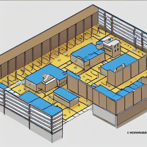 Image similar to isometric art blueprints of an ikea store with labels detailed technical drawing