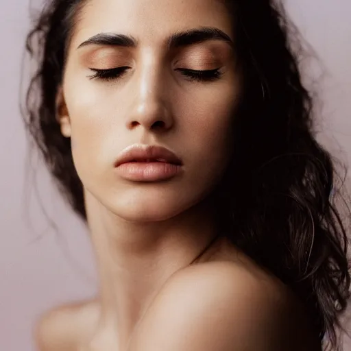 Image similar to Portrait profile photo of a beautiful supermodel, beautiful bone structure, long dark hair, olive skin, eyes closed, natural makeup, studio lighting, highly detailed, cinestill 800t