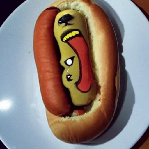 Prompt: a hotdog with the face of snoop dogg inside it