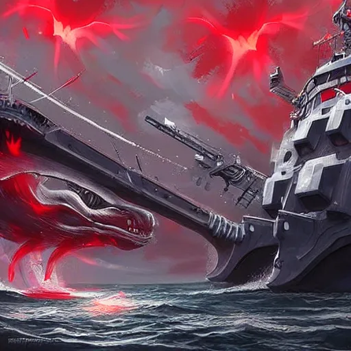 Prompt: a giant kraken with glowing red eyes attacking a battleship, digital art, artstation, sci - fi