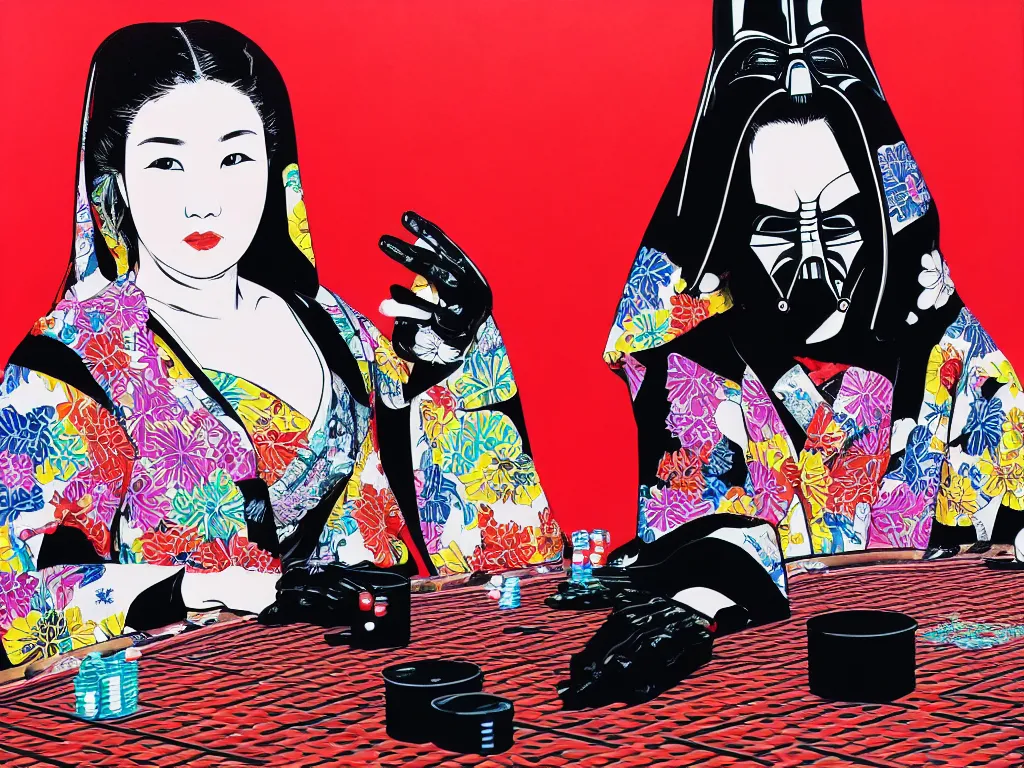 Image similar to hyperrealism composition of the detailed woman in a japanese kimono sitting at an extremely detailed poker table with darth vader, fireworks on the background, pop - art style, jacky tsai style, andy warhol style, acrylic on canvas