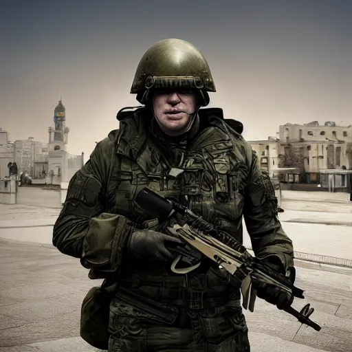 Image similar to boris johnson with military helmet on in kyiv, realistic, long shot, sunny lighting, octane render, gq magazine, hyper realistic, high quality, highly detailed, hd, beautiful, cinematic, 8 k, unreal engine, facial accuracy,