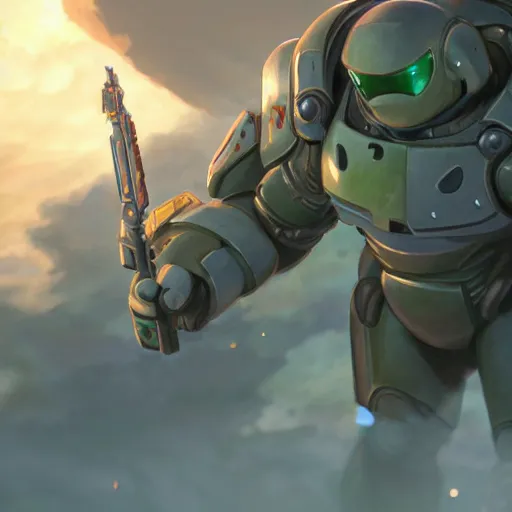 Image similar to a wholesome animation key shot of a doomguy, close up, studio ghibli, pixar and disney animation, sharp, rendered in unreal engine 5, clear sky, anime key art by greg rutkowski, bloom, dramatic lighting