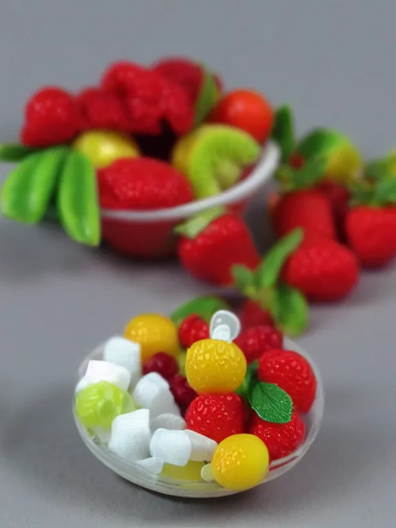 Prompt: 3 5 mm detailed miniature diorama of plastic yogurt bottle filled with fruits