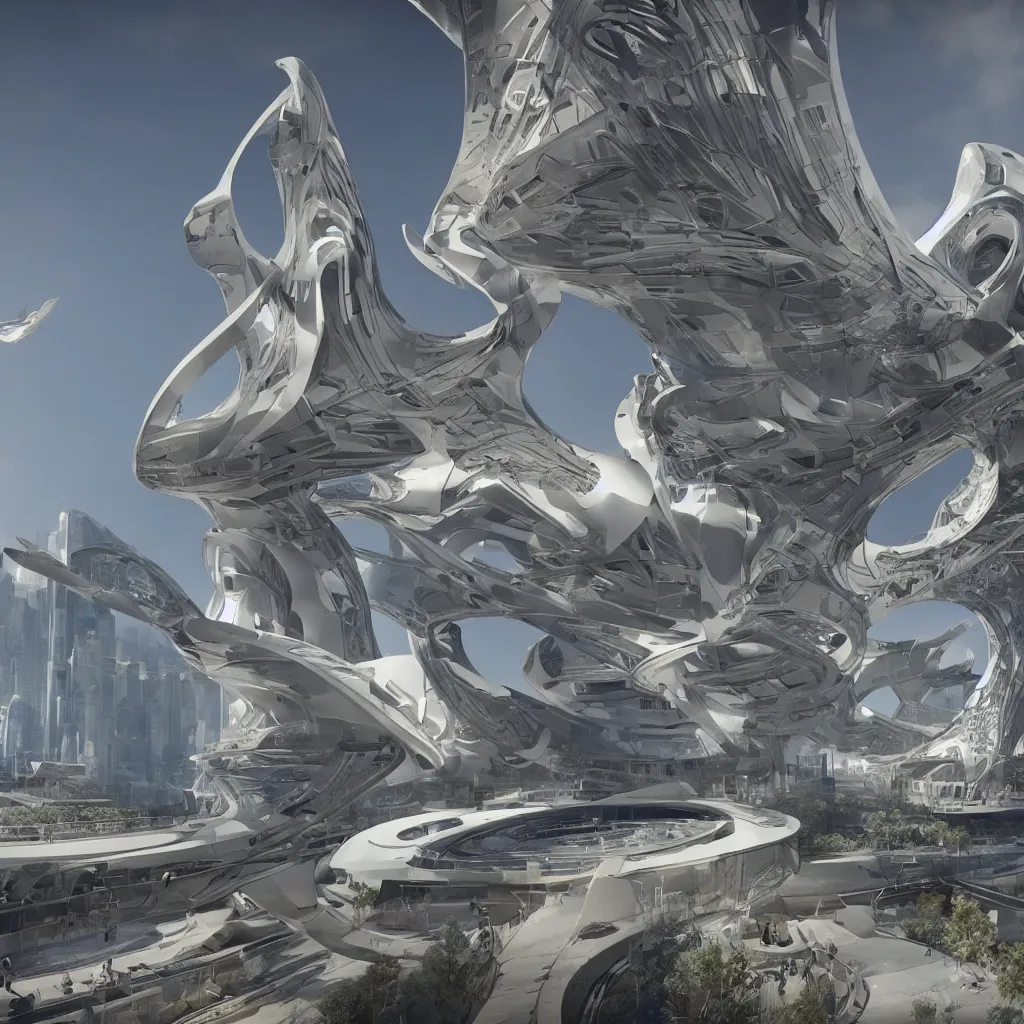 Image similar to a futuristic solar punk highly detailed temple to artificial intelligence designed by zaha hadid, a golden statue of athena stands in the center, immersive experience, panoramic view, unreal engine
