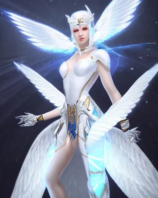 Image similar to perfect white haired egyptian goddess wearing white dove wings, warframe armor, regal, attractive, ornate, sultry, beautiful, ice queen, half asian, pretty face, blue eyes, detailed, scifi platform, 4 k, ultra realistic, epic lighting, android body, illuminated, cinematic, masterpiece, art by akihito tsukushi, voidstar