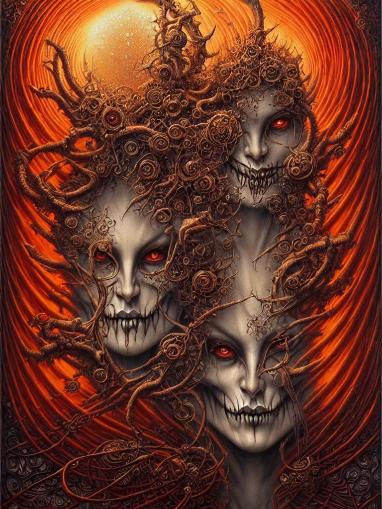 Image similar to A beautiful detailed orixa, tarot card, by tomasz alen kopera and Justin Gerard, symmetrical features, ominous, magical realism, texture, intricate, ornate, royally decorated, skull, skeleton, whirling smoke, embers, red adornements, red torn fabric, radiant colors, fantasy, trending on artstation, volumetric lighting, micro details, 3d sculpture, ray tracing, 8k, anaglyph effect