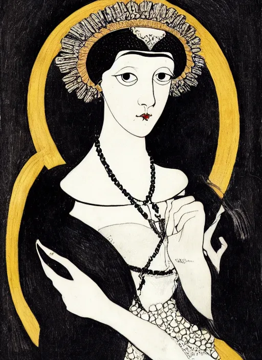 Image similar to portrait of young woman in renaissance dress and renaissance headdress, art by aubrey beardsley