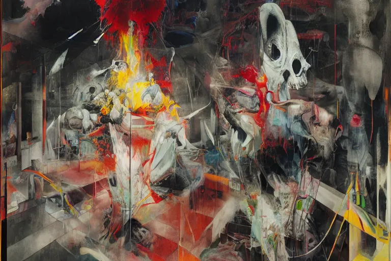 Prompt: the physical impossibility of death, in a brutalist designed space ship, gothic, rich deep colours, painted by francis bacon, adrian ghenie, james jean and petra cortright, part by gerhard richter, part by takato yamamoto. 8 k masterpiece