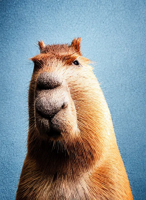 Prompt: hyperrealistic capybara!!!!!!!!! businessman man professional headshot, slick blue suit, serious atmosphere, rim light, professional photography, businesscard