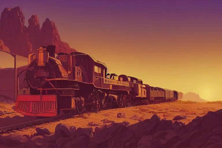 Image similar to idyllic old western train station illustration by syd mead, artstation, 4 k, graphic novel, concept art, matte painting, steam engine, beautiful mountain desert sunset background, golden hour