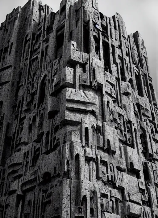 Prompt: a highly detailed brutalist concrete buidling carved into a rock face mountain, fog, mist, brutalist architecture, gothic, art deco, hyperrealism, highly detailed, intricate, cinematic, symmetrical and centered, front facing camera, cinematic, epic lighting, octane nvidia omniverse render in 4 k by james gurney, greg rutkowski, artstation