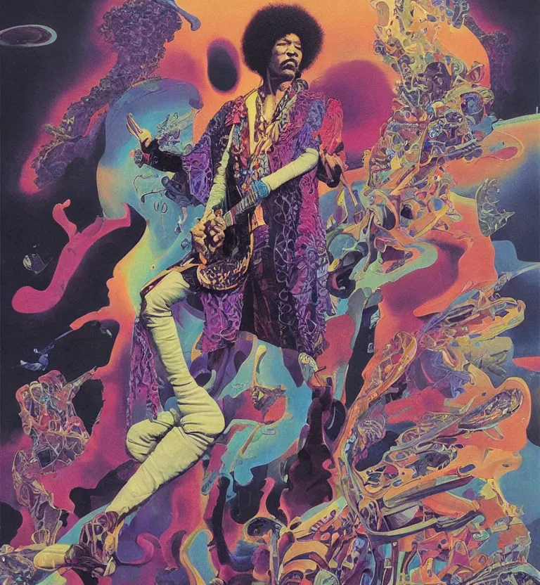Prompt: jimi hendrix full body, colourful afrofuturist biomorphic scifi opart in background by pascal blanche and moebius and roger dean and giger and syd mead and james jean and beksinski and greg hildebrandt, 8 k
